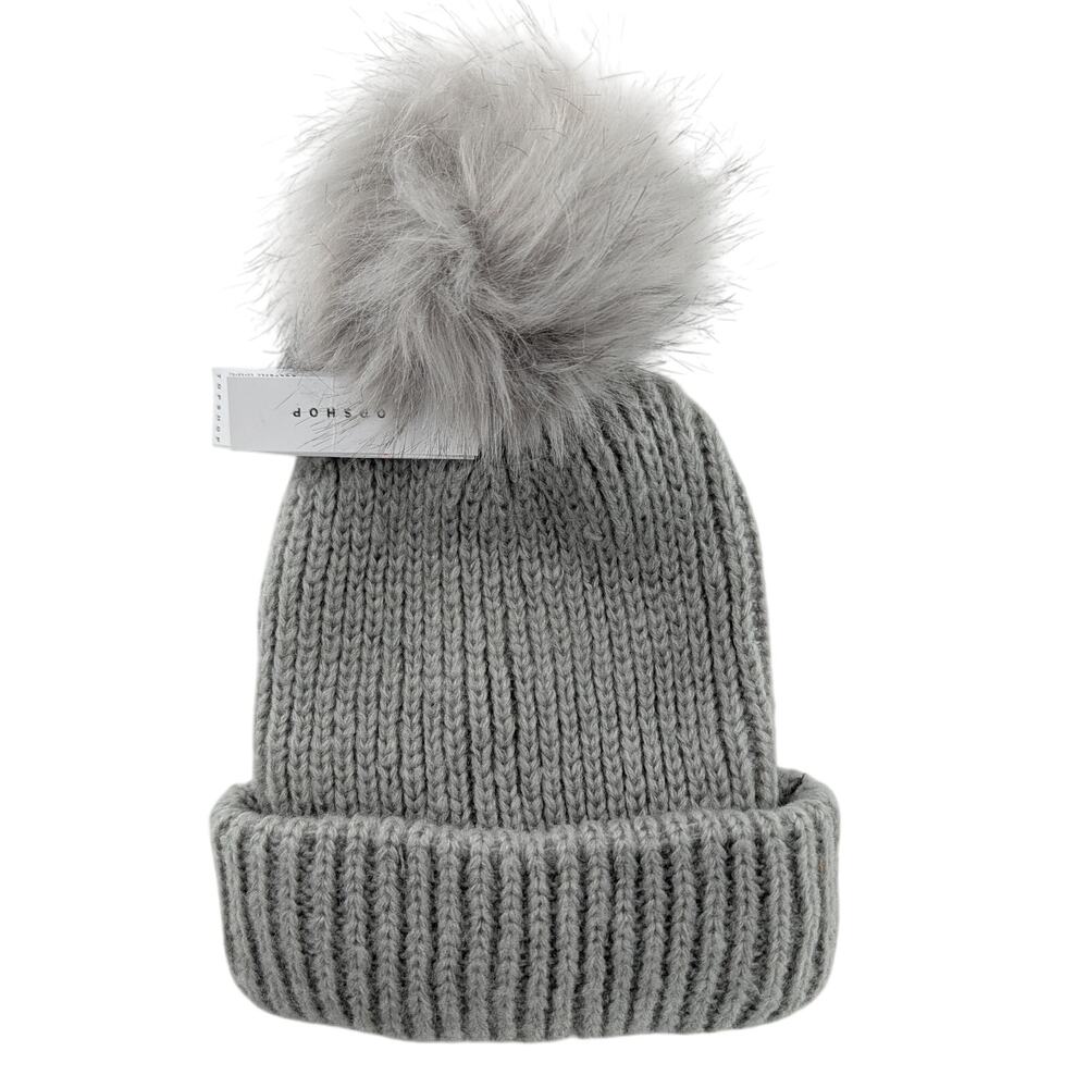 Gray Knit Cuffed Beanie Pom Hat by Topshop